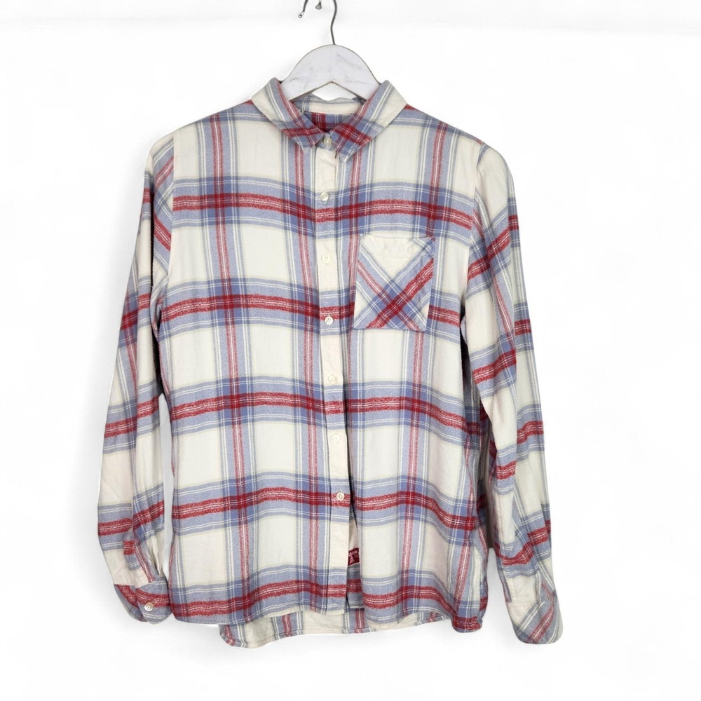 BARBOUR Shirt Womens 8 Cream Red Blue Plaid‎ Tidewater Button Down LSH0697RE32